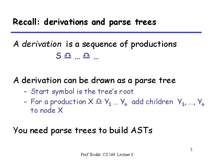 Recall: derivations and parse trees A derivation is a sequence of productions S …