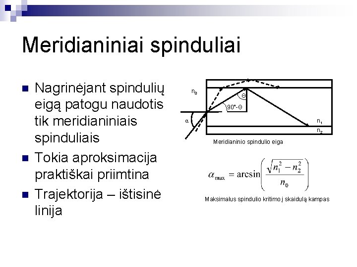 Meridianiniai spinduliai n n n Nagrinėjant spindulių eigą patogu naudotis tik meridianiniais spinduliais Tokia