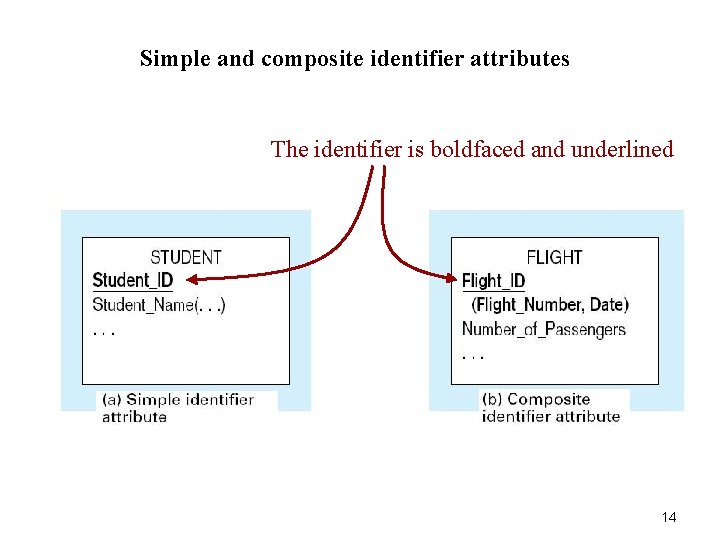 Simple and composite identifier attributes The identifier is boldfaced and underlined 14 