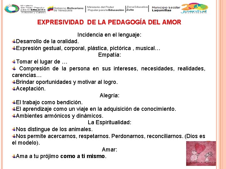  EXPRESIVIDAD DE LA PEDAGOGÍA DEL AMOR Incidencia en el lenguaje: Desarrollo de la