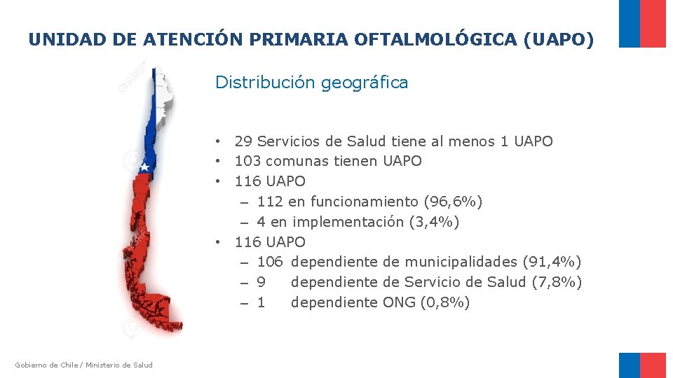 UNIDAD DE ATENCIÓN PRIMARIA OFTALMOLÓGICA (UAPO) Distribución geográfica • 29 Servicios de Salud tiene UNIDAD DE ATENCIÓN PRIMARIA OFTALMOLÓGICA (UAPO) Distribución geográfica • 29 Servicios de Salud tiene