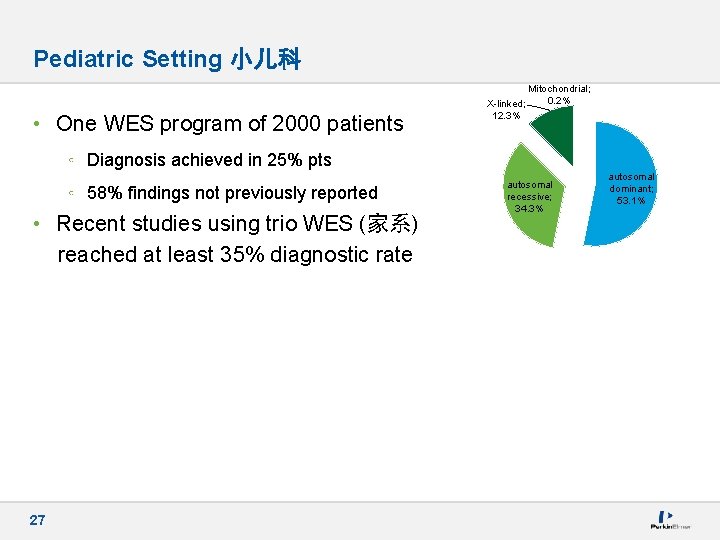 Pediatric Setting 小儿科 Mitochondrial; 0. 2% • One WES program of 2000 patients X-linked;