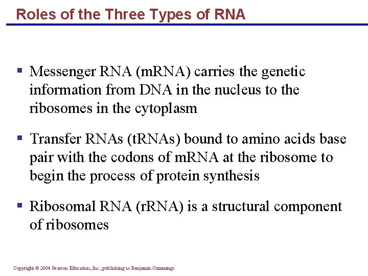 Roles of the Three Types of RNA Messenger RNA (m. RNA) carries the genetic