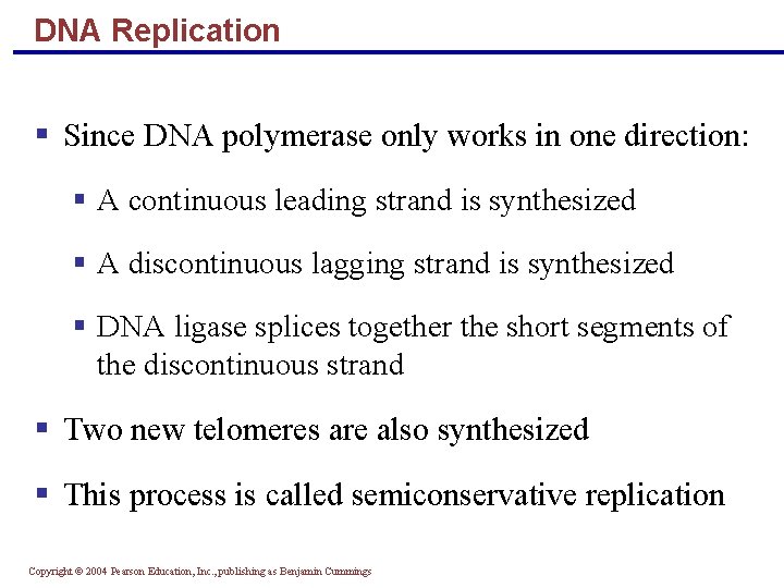 DNA Replication Since DNA polymerase only works in one direction: A continuous leading strand