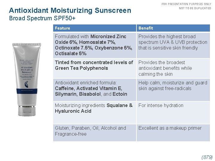FOR PRESENTATION PURPOSES ONLY NOT TO BE DUPLICATED Antioxidant Moisturizing Sunscreen Broad Spectrum SPF