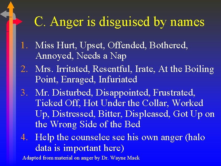 C. Anger is disguised by names 1. Miss Hurt, Upset, Offended, Bothered, Annoyed, Needs