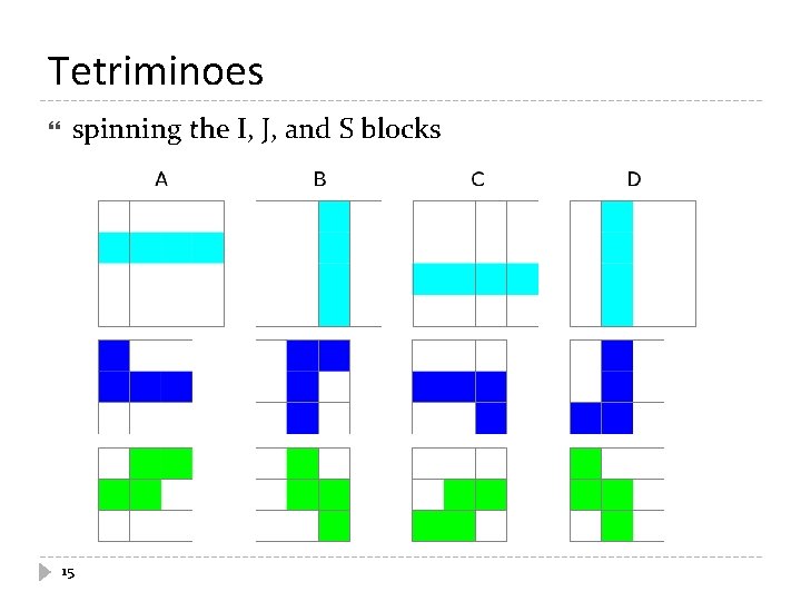 Tetriminoes spinning the I, J, and S blocks 15 
