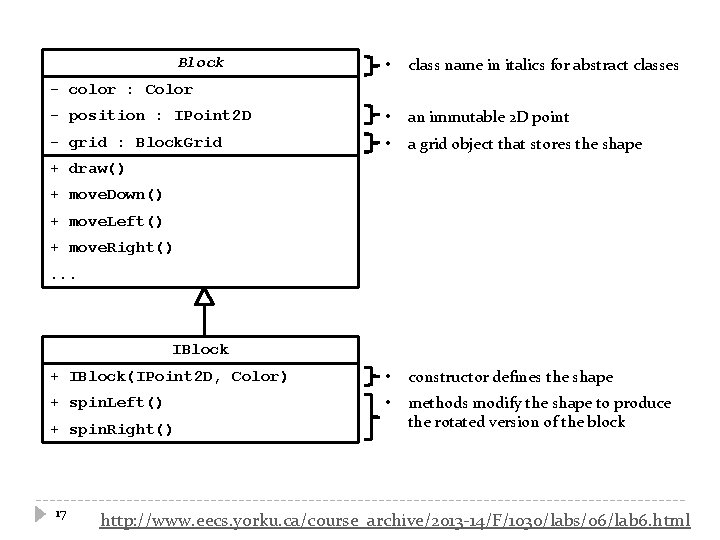 Block • class name in italics for abstract classes - position : IPoint 2