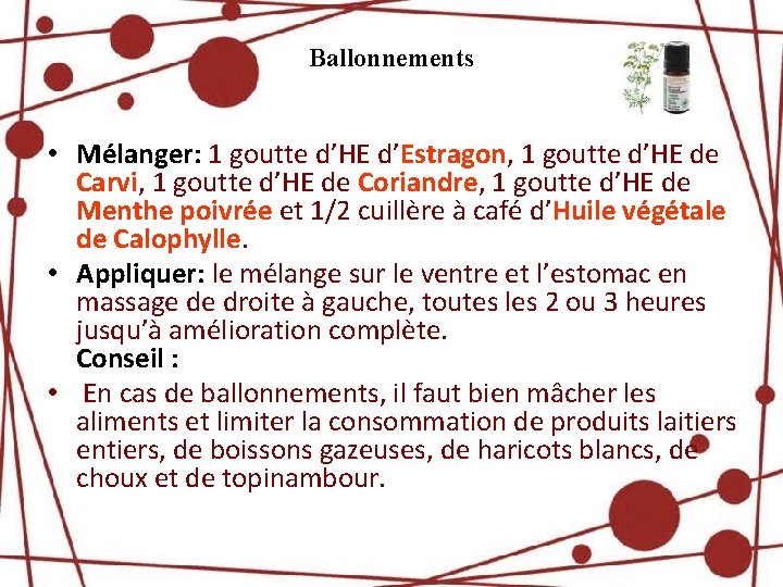 Ballonnements • Mélanger: 1 goutte d’HE d’Estragon, 1 goutte d’HE de Carvi, 1 goutte