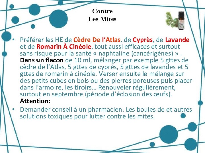 Contre Les Mites • Préférer les HE de Cèdre De l’Atlas, de Cyprès, de