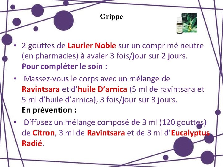 Grippe • 2 gouttes de Laurier Noble sur un comprimé neutre (en pharmacies) à