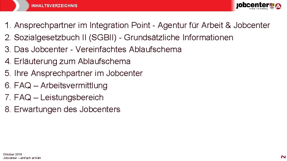 INHALTSVERZEICHNIS Oktober 2018 Jobcenter – einfach erklärt 2 1. Ansprechpartner im Integration Point -