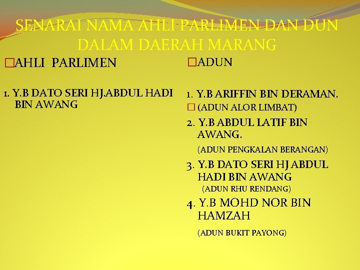 SENARAI NAMA AHLI PARLIMEN DAN DUN DALAM DAERAH MARANG �AHLI PARLIMEN �ADUN 1. Y.