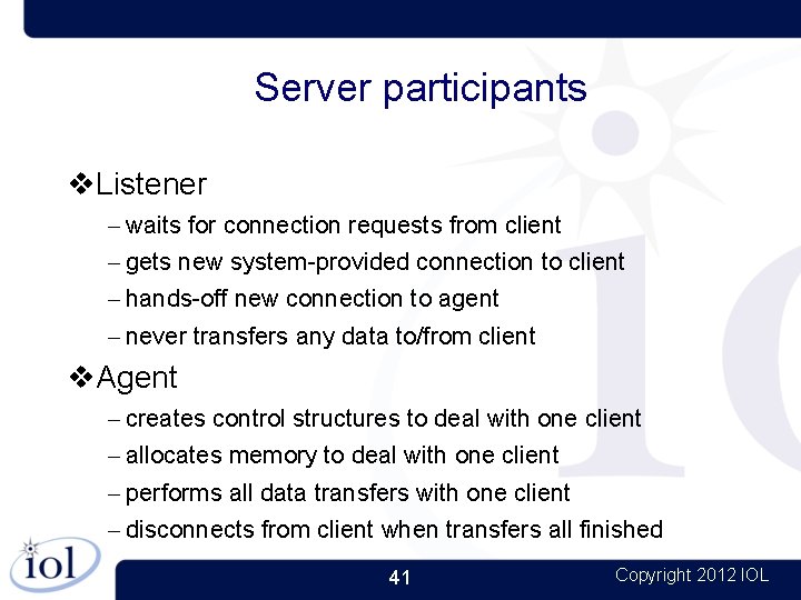 Server participants Listener – waits for connection requests from client – gets new system-provided