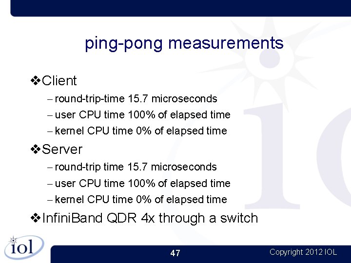 ping-pong measurements Client – round-trip-time 15. 7 microseconds – user CPU time 100% of