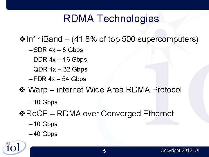 RDMA Technologies Infini. Band – (41. 8% of top 500 supercomputers) – SDR 4