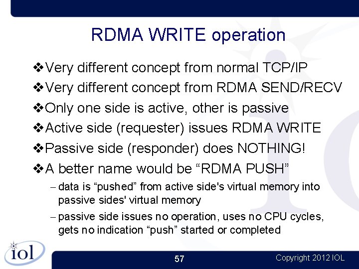 RDMA WRITE operation Very different concept from normal TCP/IP Very different concept from RDMA