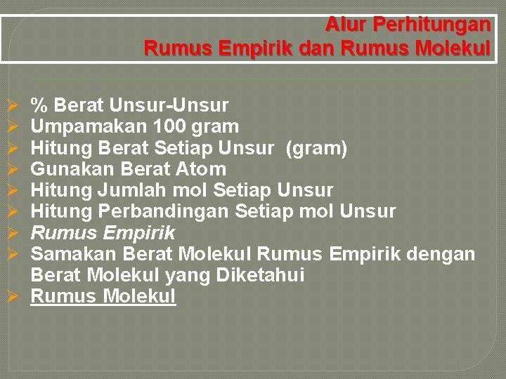 Alur Perhitungan Rumus Empirik dan Rumus Molekul % Berat Unsur-Unsur Umpamakan 100 gram Hitung