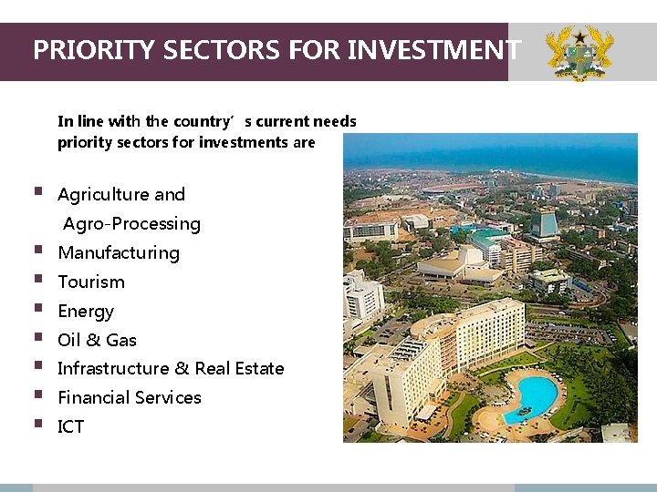 PRIORITY SECTORS FOR INVESTMENT In line with the country’s current needs priority sectors for