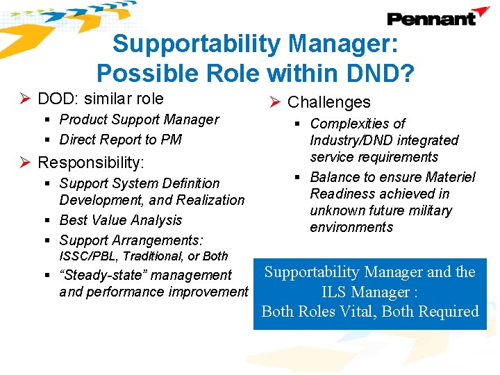 Supportability Manager: Possible Role within DND? Ø DOD: similar role § Product Support Manager