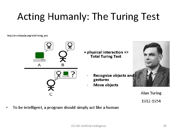 Acting Humanly: The Turing Test http: //en. wikipedia. org/wiki/Turing_test + physical interaction => Total