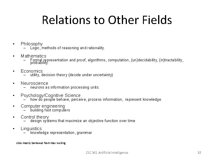 Relations to Other Fields • Philosophy • Mathematics • Economics • Neuroscience • Psychology/Cognitive