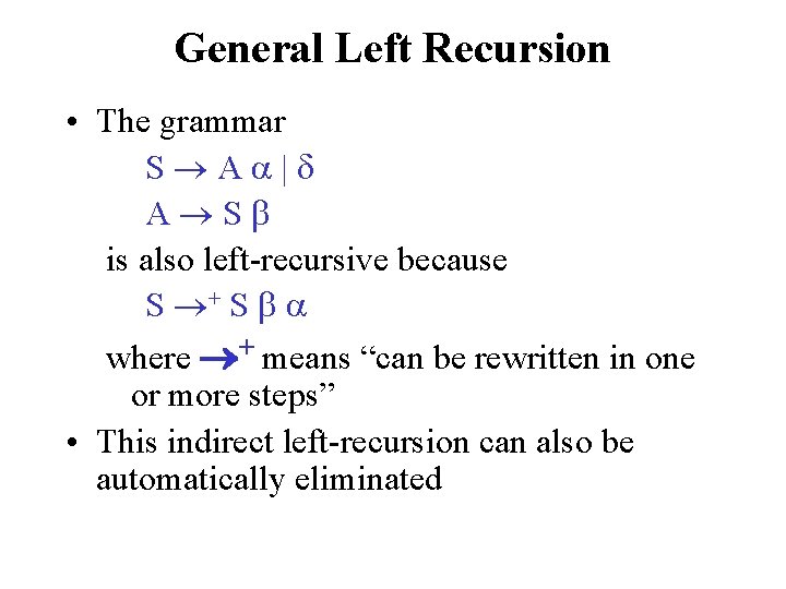 General Left Recursion • The grammar S A | A S is also left-recursive