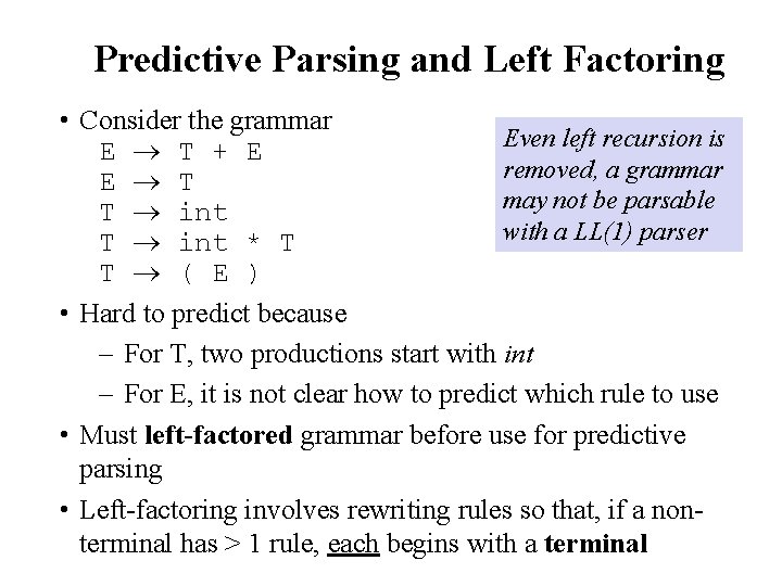 Predictive Parsing and Left Factoring • Consider the grammar Even left recursion is E