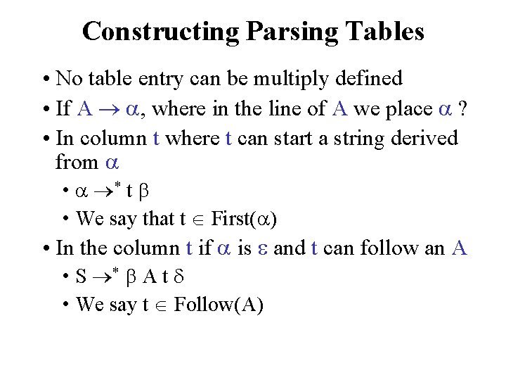 Constructing Parsing Tables • No table entry can be multiply defined • If A