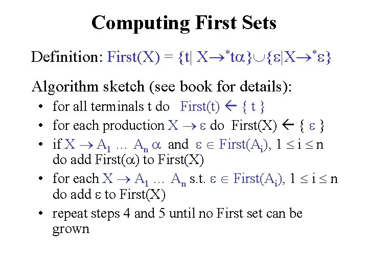 Computing First Sets Definition: First(X) = {t| X *t } { |X * }