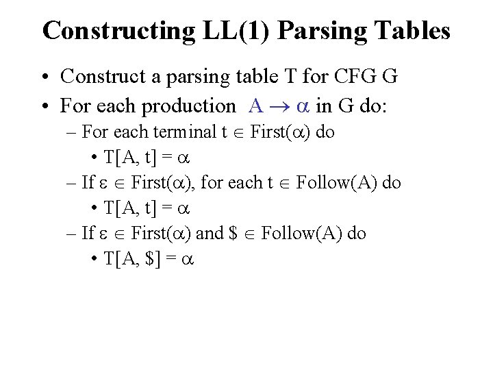 Constructing LL(1) Parsing Tables • Construct a parsing table T for CFG G •