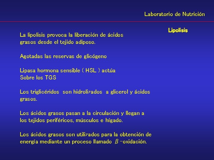 Laboratorio de Nutrición La lipolisis provoca la liberación de ácidos grasos desde el tejido