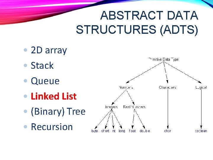 ABSTRACT DATA STRUCTURES (ADTS) • 2 D array • Stack • Queue • Linked ABSTRACT DATA STRUCTURES (ADTS) • 2 D array • Stack • Queue • Linked