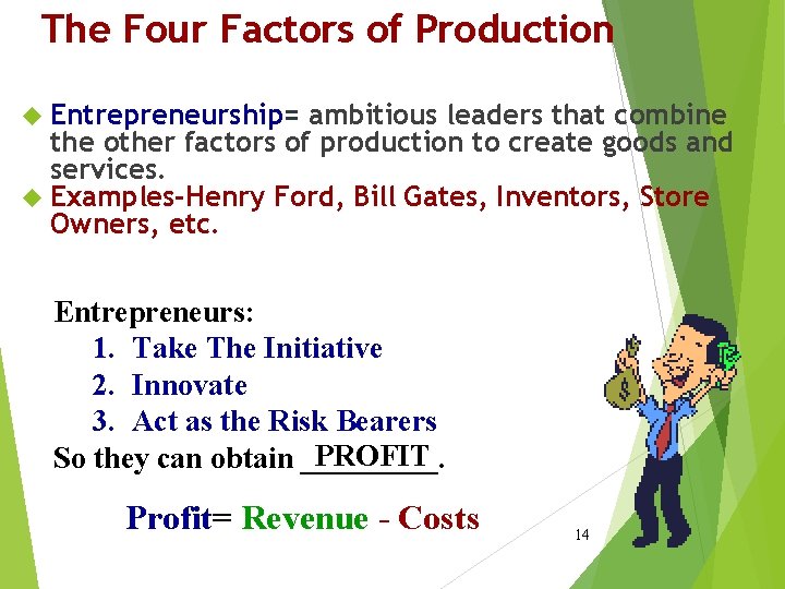 The Four Factors of Production Entrepreneurship= ambitious leaders that combine the other factors of