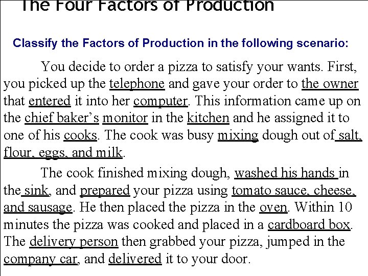 The Four Factors of Production Classify the Factors of Production in the following scenario: