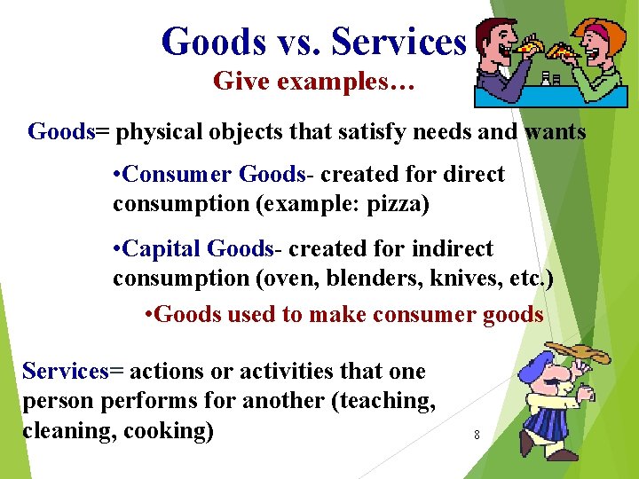 Goods vs. Services Give examples… Goods= physical objects that satisfy needs and wants •