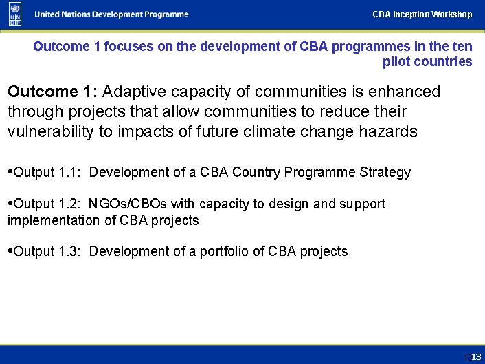 CBA Inception Workshop Outcome 1 focuses on the development of CBA programmes in the