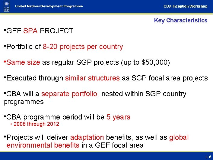 CBA Inception Workshop Key Characteristics • GEF SPA PROJECT • Portfolio of 8 -20