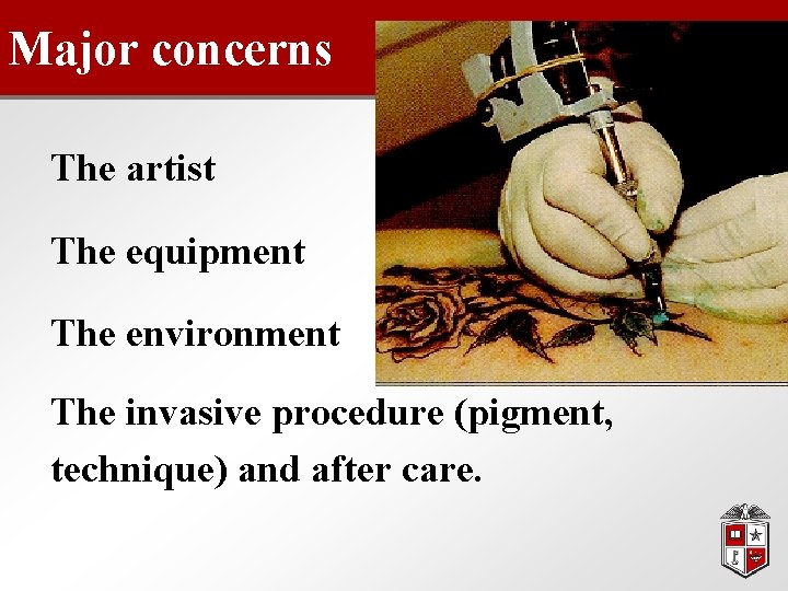 Major concerns The artist The equipment The environment The invasive procedure (pigment, technique) and