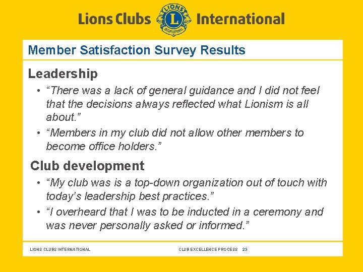Member Satisfaction Survey Results Leadership • “There was a lack of general guidance and
