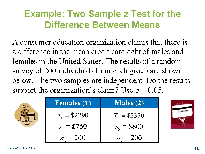 Example: Two-Sample z-Test for the Difference Between Means A consumer education organization claims that