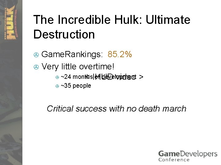 The Incredible Hulk: Ultimate Destruction Game. Rankings: 85. 2% > Very little overtime! >