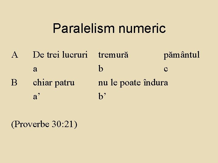 Paralelism numeric A B De trei lucruri a chiar patru a’ (Proverbe 30: 21)