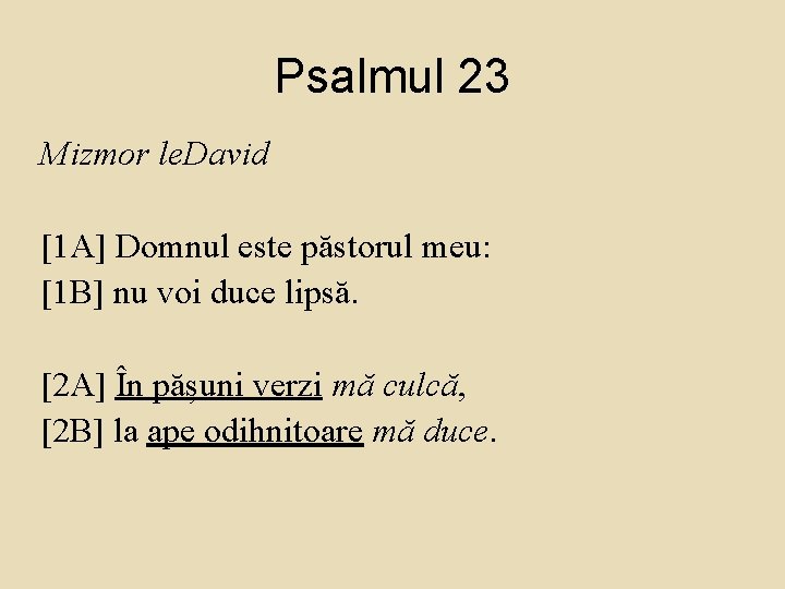 Psalmul 23 Mizmor le. David [1 A] Domnul este păstorul meu: [1 B] nu