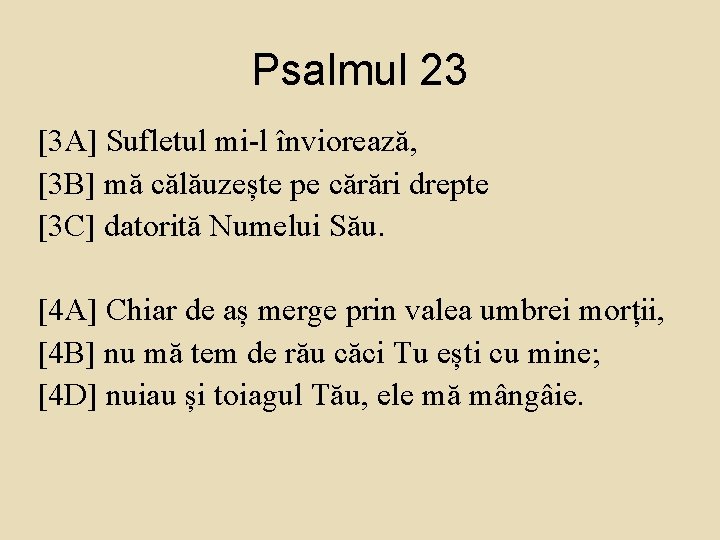 Psalmul 23 [3 A] Sufletul mi-l înviorează, [3 B] mă călăuzește pe cărări drepte