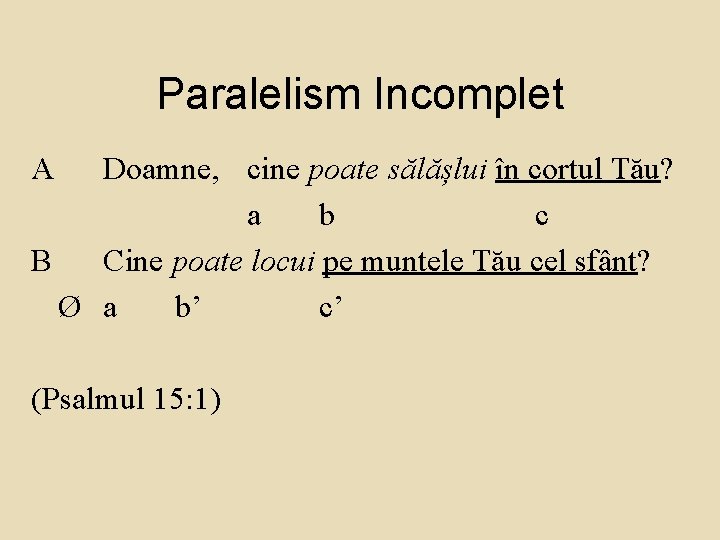 Paralelism Incomplet A Doamne, cine poate sălășlui în cortul Tău? a b c B