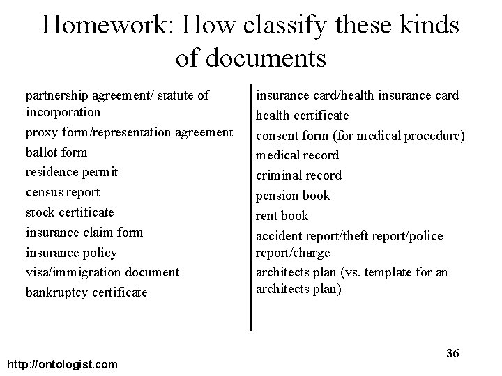Homework: How classify these kinds of documents partnership agreement/ statute of incorporation proxy form/representation