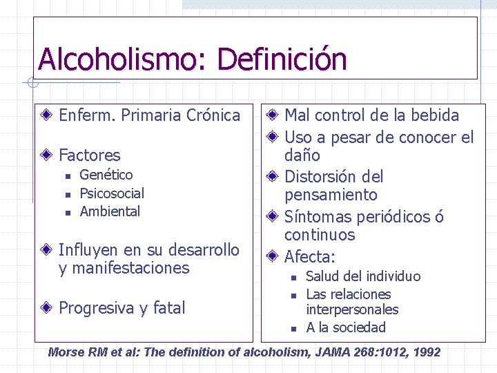 Alcoholismo: Definición Enferm. Primaria Crónica Factores n n n Genético Psicosocial Ambiental Influyen en