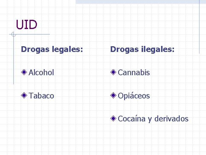 UID Drogas legales: Drogas ilegales: Alcohol Cannabis Tabaco Opiáceos Cocaína y derivados 