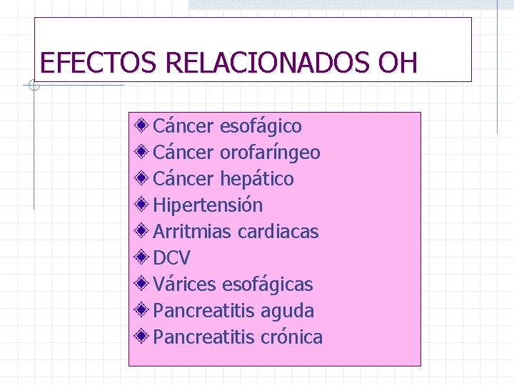 EFECTOS RELACIONADOS OH Cáncer esofágico Cáncer orofaríngeo Cáncer hepático Hipertensión Arritmias cardiacas DCV Várices